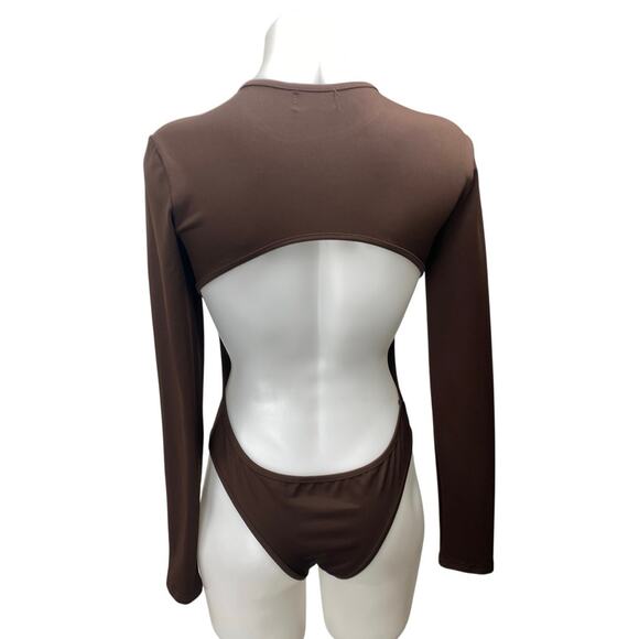 Edikted Brown Long Sleeve Crew Neck Open Back Cutout T Shirt Bodysuit Top Size S - Picture 2 of 4